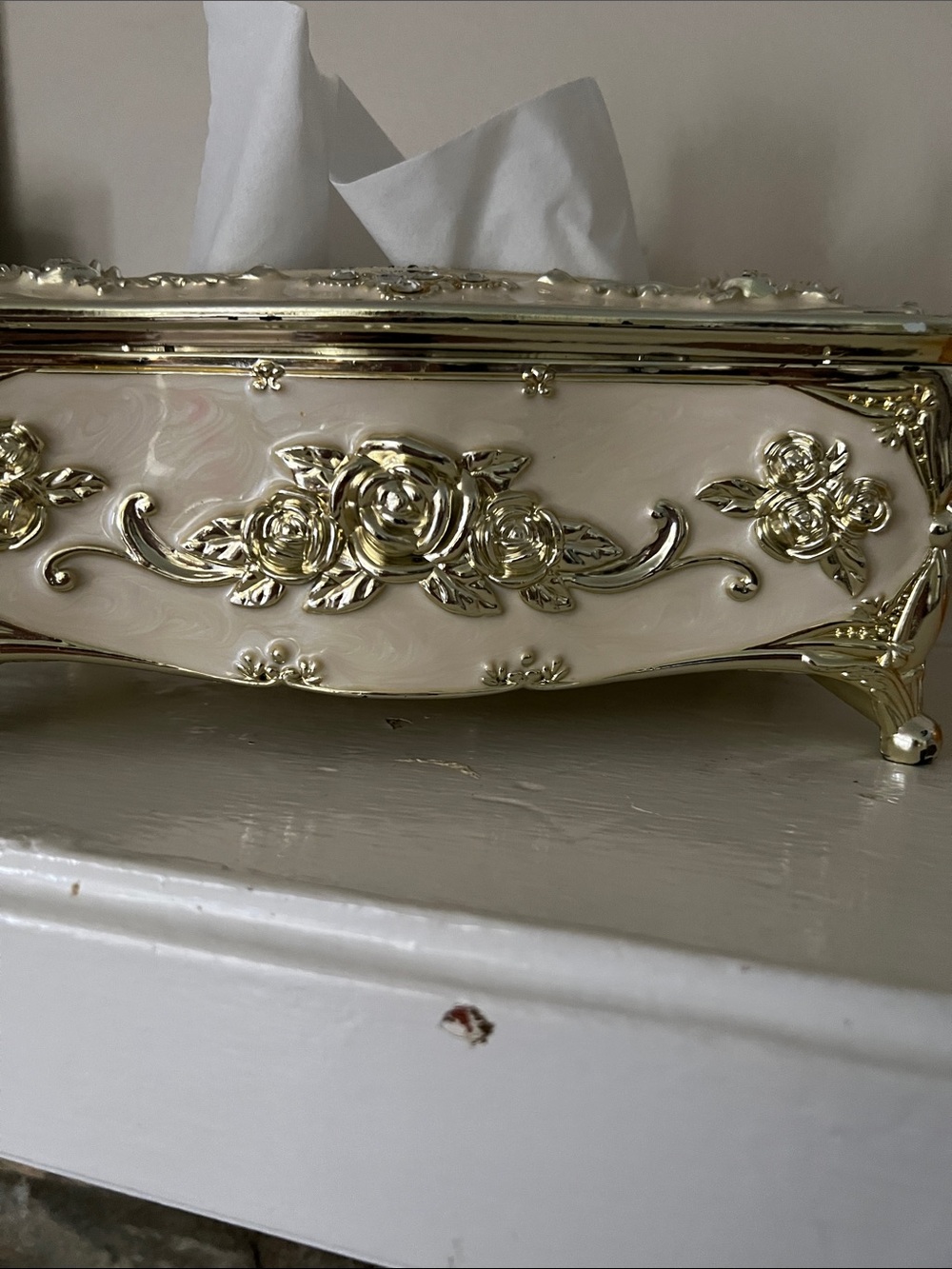 Elegant Gold and Cream Floral Tissue Box Cover - Home Bath